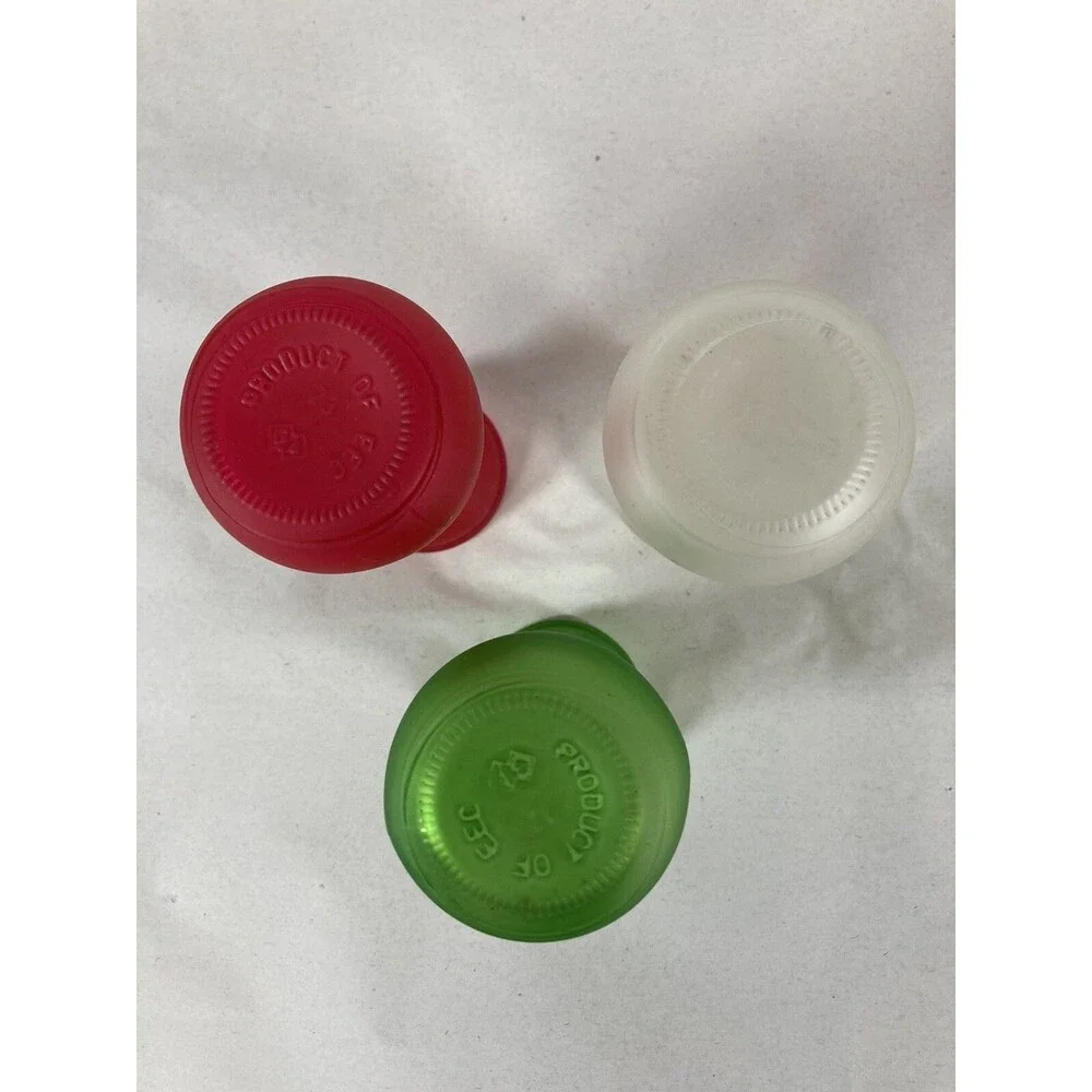 3 Bud Vases Red Pink, Frosted White Brilliant Green 4” Tall Cottagecore